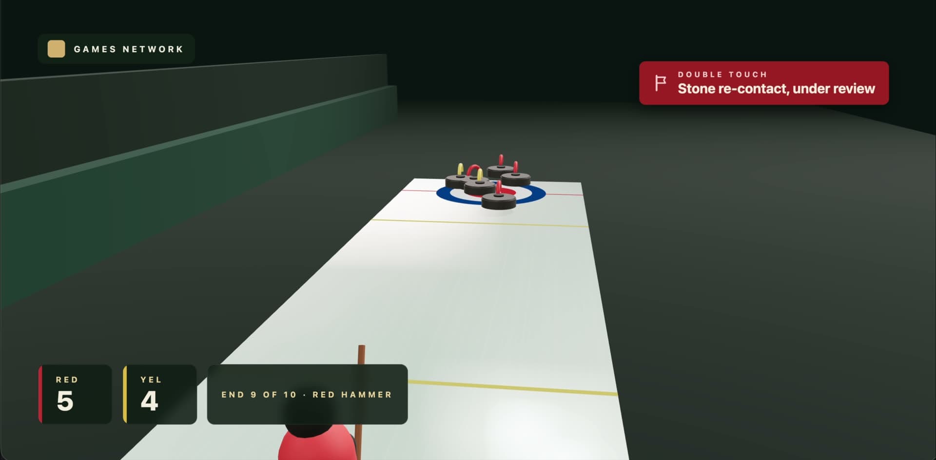 Broadcast-style mockup of a curling sheet with a 'DOUBLE TOUCH, stone re-contact, under review' flag in the upper right.