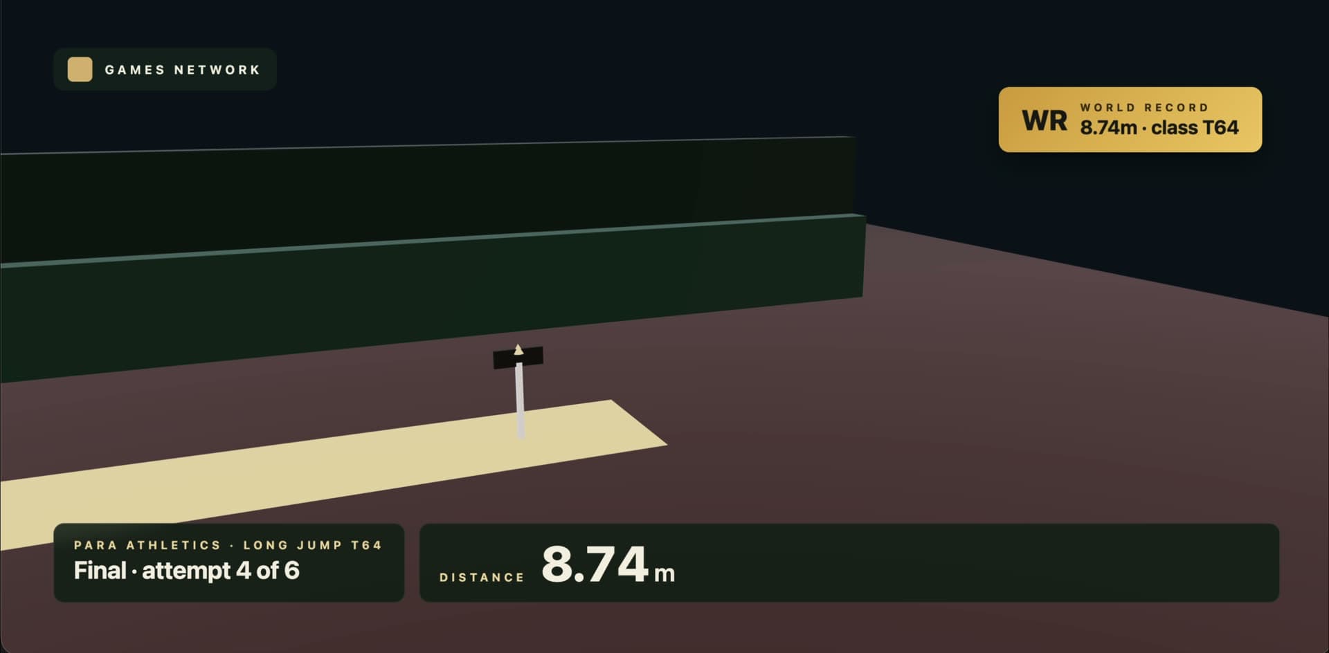 Broadcast-style mockup of a long jump runway and pit with a gold WORLD RECORD badge reading '8.74m, class T64.'